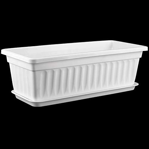 6 Pack 17 Inches Countryside Flower Box Planters, Plastic Vegetable Planters with 30 PCS Plant Labels, White Flower Window Boxes with Attached Tray for Windowsill, Patio, Garden, Balcony… - size: 6 Pack White