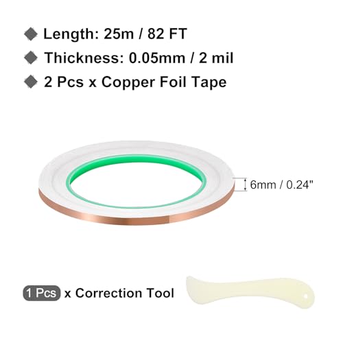 PATIKIL Copper Foil Tape, (0.24 Inch x 82 FT, Brass) (2 Set), Double Conductive Adhesive Tape with Correction Tool, Suit for - Guitar EMI/RFI Shielding/Electrical Repairs - size: 0.24 Inch x 82 FT