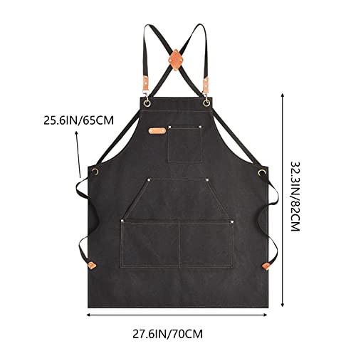 Aoomzoon Canvas Aprons for Men Women, Heavy Duty BBQ Apron with Pockets - color: Black②