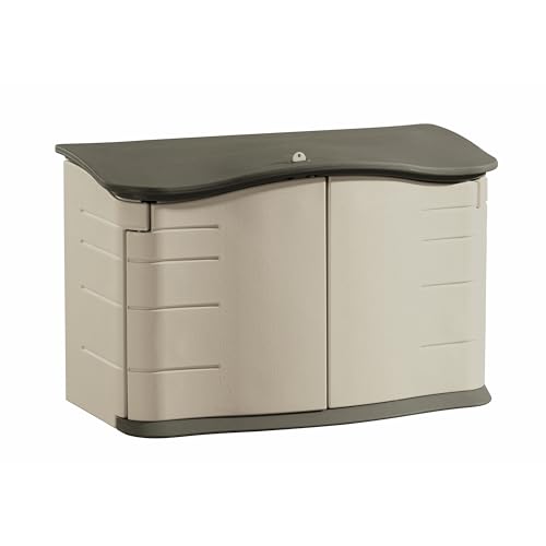 Rubbermaid Small Horizontal Resin Outdoor Storage Shed With Floor (4.5 x 3 Ft) Weather Resistant, Beige/Brown, Organization for Home/Backyard/Pool Chemicals/Toys/Garden Tools/Porch/Patio Cushions - style: Small Horizontal Shed