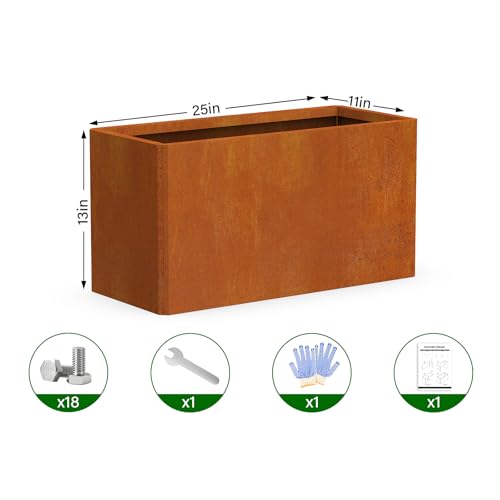 Cor ten Steel Planter Box 25x11x13 Inch, Pre-Rusted Metal Planter for Patio - size: 25X11X13in Rustic