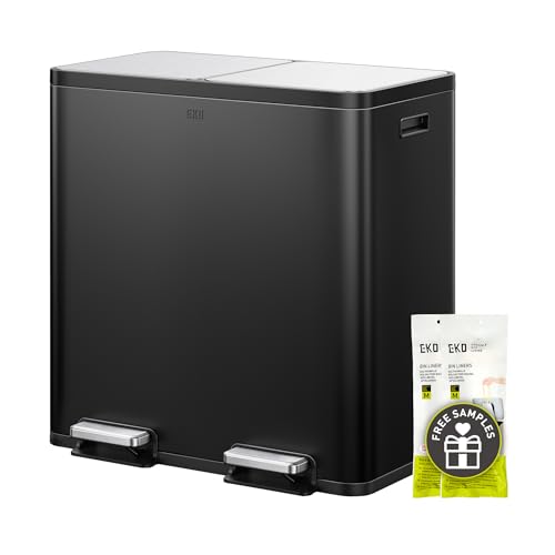 EKO EcoCasa Plus 2 x 10.6 Gal (2 x 40 L) Dual Trash Can for Kitchen, Large Stainless Steel Step-On Garbage Can, Trash and Recycle Bin Combo with Soft-Close Lids, Removable Buckets, Matte Black - color: Matte Black, size: 40L+40L