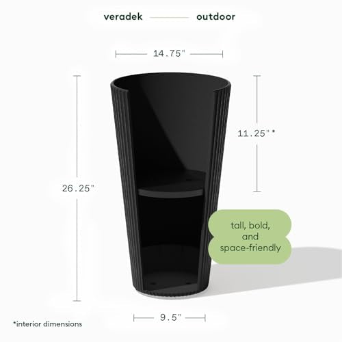 Veradek Demi Series Tall Planter - Tall Tapered Outdoor Planter with Shelf - color: Black, style: Narrow Groove
