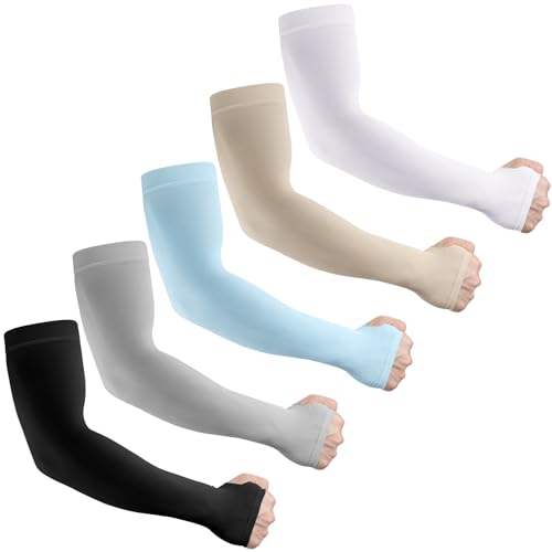 LUOLIIL VOE Arm Sleeves for Men Women,UV Sun Protection Cooling Compression - color: 5 Pairs-black/Beige/White/Blue/Grey#