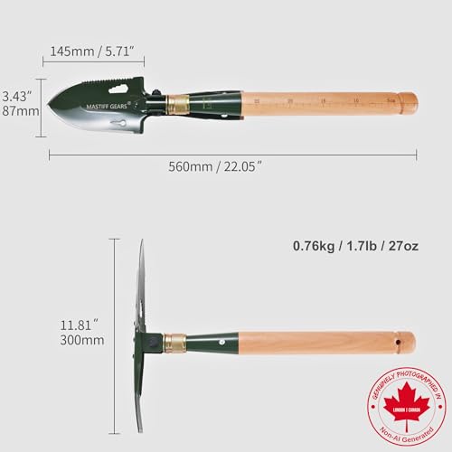 MASTIFF GEARS Military-Grade 2-in-1 Camping Shovel & Hoe - 1050 Steel, Foldable Wooden Handle, Metal Detecting Optimized, Canadian Designed & Tested, MOLLE Canvas Sheath | Limited - style: Folding Mini Shovel with Pick/Hoe