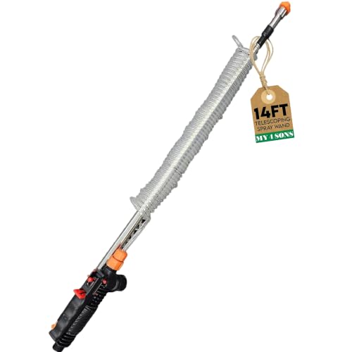 MY4SONS Garden Watering Wand for Outdoor Plants – Telescoping Water Wand with Coiled Hose, Heavy Duty Garden Hose Sprayer, Adjustable Long Wand, Stainless Steel, 14ft
