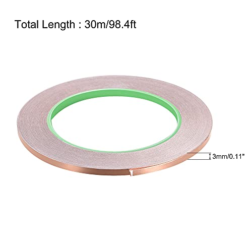 uxcell Double-Sided Conductive Tape Copper Foil Tape Adhesive 3mm x 30m/98.4ft for Guitar, EMI Shielding Crafts, Electrical Repairs, Stained Glass - size: 3mm
