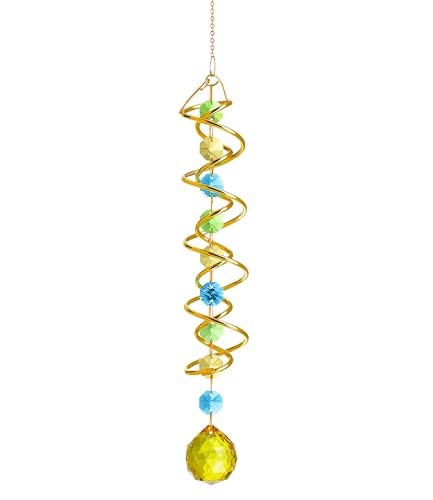 20.5in Yellow Crystal Gazing Ball Spiral Wind Spinner Suncatcher Decor - color: Gold With Yellow Ball Drop Prism