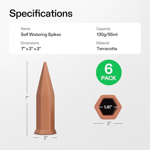 VIVOSUN 6Pcs Self-Watering Spikes, Hexagonal Terracotta Watering Stakes - size: 6