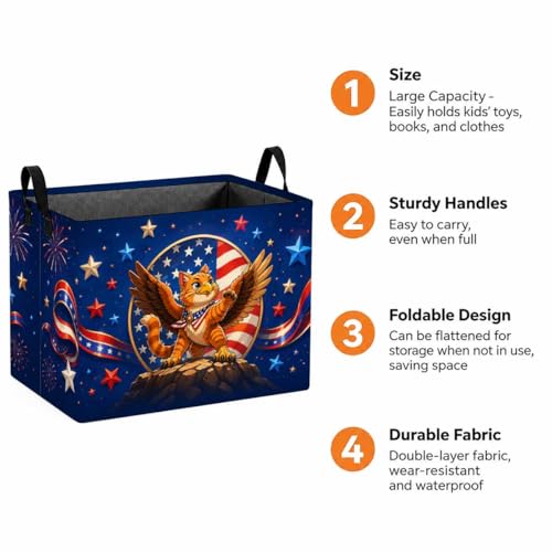 Patriotic Cat Storage Basket with Handles, Eagle Cat Laundry Hamper 56L Large Collapsible Organizer, Laundry Basket for Bathroom/Laundry/Bedroom - color: Patriotic Cat