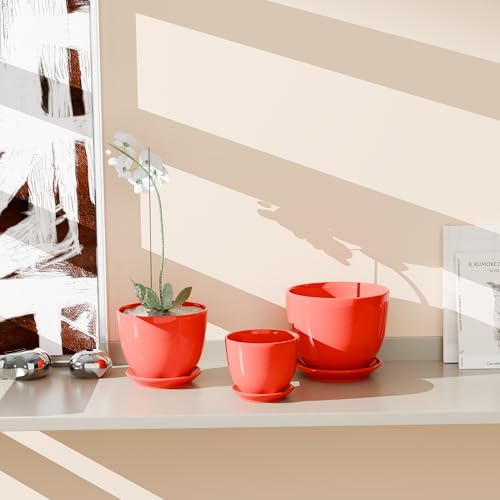 Ceramic Plant Pots Set of 3,Red Flower Pots with Drainage Holes and Saucers - color: Red