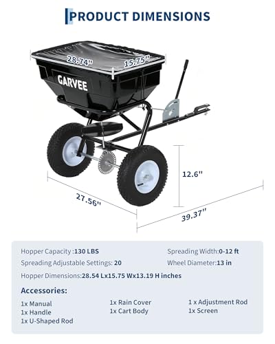 Tow Behind Broadcast Spreader, 130LBS Capacity, Universal Hooks Tow/Push Garden Spreader Fit for UTV, ATV & Most Tractors, 30 Adjustable Settings, 9.8 ft Spreading Width, Lawn Spreader for Seed, Ferti - size: 125 LBS