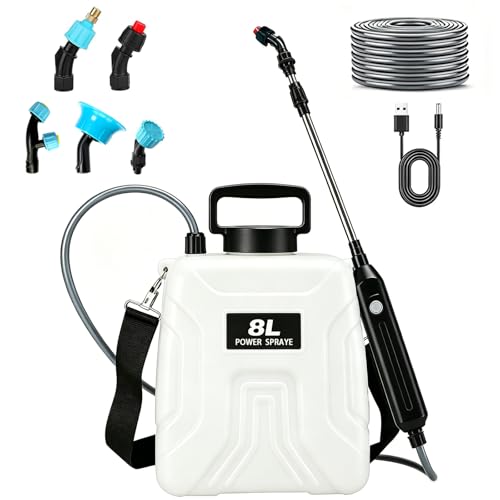 2 Gallon Battery Powered Sprayer, 2000mAh Electric Power White Continuous Battery Operated misting Retractable Long-Reach Metal Wand 5 Multi-Pattern Water attachments - color: White/2 Gallon