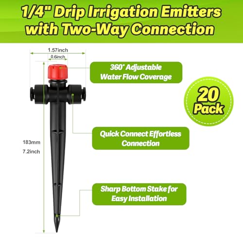 20 Pack Quick Connect Two-Way Drip Emitters with Stake for 1/4" Irrigation Tubing, Adjustable 360 Degree Water Flow Irrigation Sprayer On 5" Stake Garden Irrigation Dripper for Watering System - color: Double Head Push Stream-20P