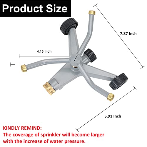 STYDDI Metal Rotating Water Sprinkler for Lawn, Heavy Duty Metal 3-Arms Whirling 360 Degree Automatic Rotary Sprinkler with Wheeled Base for Small Areas, Garden, Yard, Cover up to 1,384 Sq. ft.
