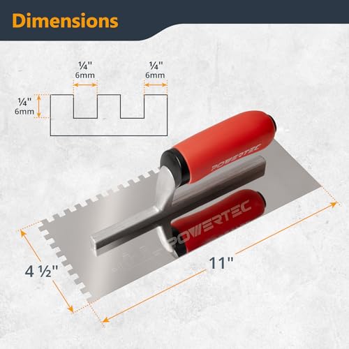 POWERTEC Square Notch Trowel - 1/4" x 1/4" Stainless Steel Square-Notch Tile Trowel with Soft Grip Handle for Thinset Mortar, Mastic & Tile Installation Work (72180) - style: 1/4" x 3/8" Square Notch