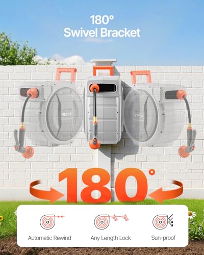 VEVOR Retractable Garden Hose Reel, 1/2 Inch x 145 ft Wall Mounted Hose Reel, Heavy Duty Garden Hose Reel with 9 Patterns Nozzle, Any Length Lock, Upgraded Slow Return System and 180°Swivel Bracket - size: 1/2 in x 145 ft