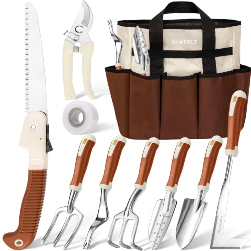 Garden Tool Set, 12 Pcs Heavy Duty Floral Gardening Tools Kit with Gardening Hand Weeder Tools, Durable Storage Bag and Gardening Gloves, Gardening Gifts for Women and Men Brown