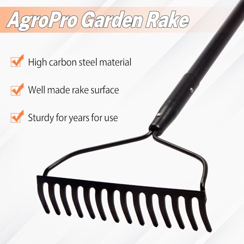 Garden Rake for Lawn Heavy Duty, 14 Tines Metal Rake with Thick Fiberglass Handle, 58 Inches
