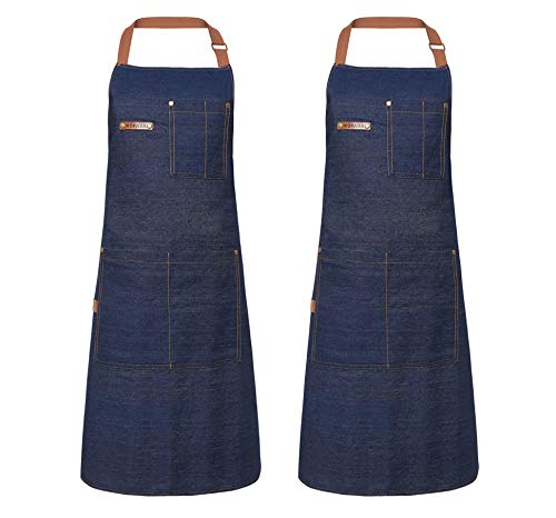 2 Packs Waist Denim Aprons for Restaurant Kitchen Women Waitress Denim Apron - color: Blue Denim Apron 2 Packs