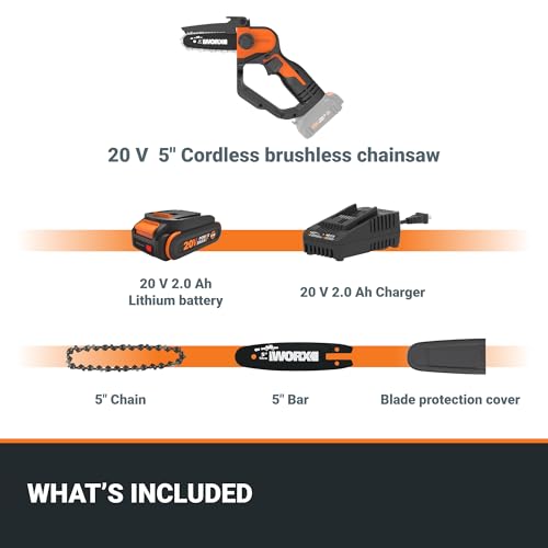 WORX Cordless Mini Chainsaw, 20V 5" Pruning Saw, WG324 - style: 5" 22 ft/s Pruning Saw 2.0Ah Battery