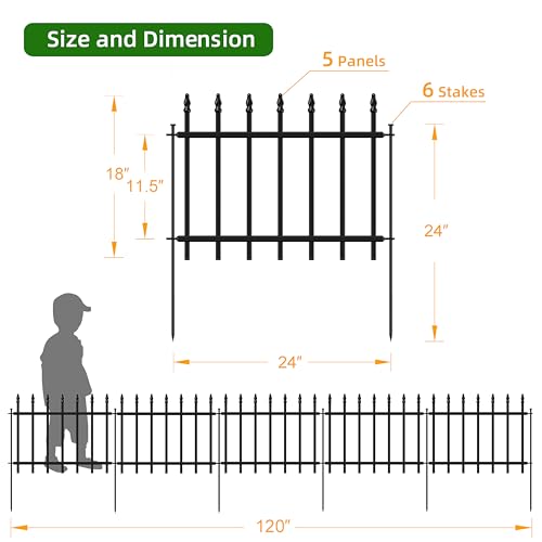 Decorative Metal Garden Fence 18" x 10', Small Fence Border with Stakes - size: 18″H x 10ft(5 Panels)
