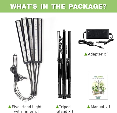 FOXGARDEN Grow Lights for Indoor Plants 5-Head Full Spectrum with Tripod Stand, Timer, Dimmable Flexible Goosenecks for Indoor Potted Plants - size: Stand-5Head