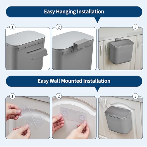 1.85 Gal/7L Hanging Trash Can, Stainless Steel Compost Bin with Lid & Hook, Small Garbage Can for Kitchen Counter, Bathroom Sink, Office Desk, Space-Saving Rubbish Bin - Grey - size: 1.85 Gallon /7 Liter