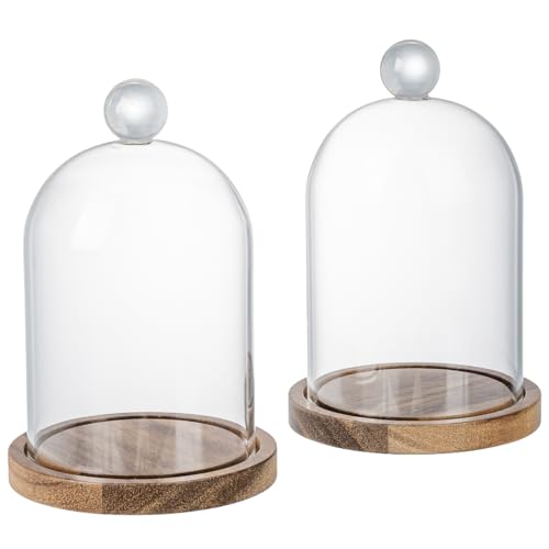 MyGift Mini Clear Glass Bell Display Cloches with Premium Acacia Solid Wood Base, Decorative Dome Cover Stands for Small Heirloom Jewelry Curios Keepsakes, Set of 2