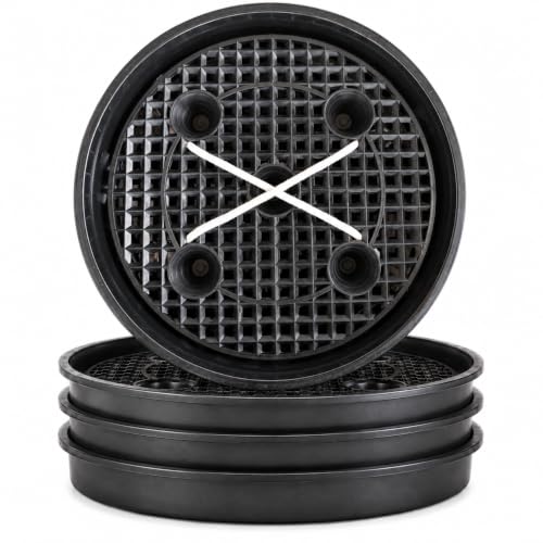 Self Watering Plant Saucers 4 Pack, 13.6 Inch Plastic Plant Saucers with Raised Grid Platforms and 8 Wicking Ropes, for Plant Pots, Fabric Grow Bags, Indoor and Patio Planters, Black