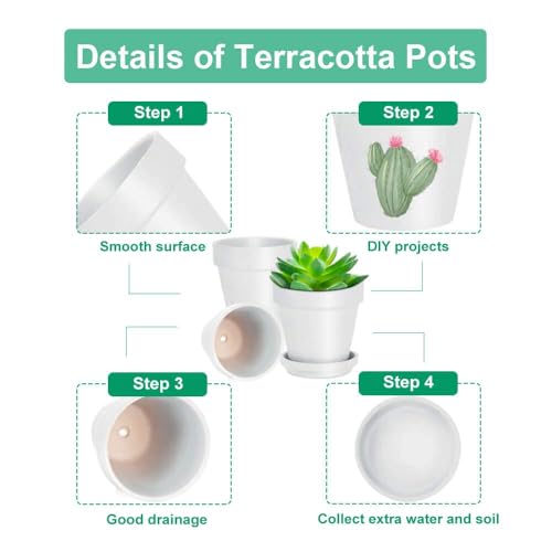vensovo White Terracotta & Clay Pots with Saucer - 6 Pack 5 Inch Terra Cotta Pot Ceramic Pottery Planter Cactus Flowerpots Drainage Hole, Great for Plants, Crafts and Wedding Favor - color: White