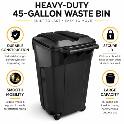 45 Gallon Heavy Duty Trash Can with Wheels and Lid, Outdoor Garbage Can Rolling Waste Bin, Large Plastic Trash Container for Backyard, Garage, Patio, Indoor & Outdoor Use