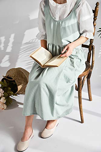 Japanese Cotton Cross Back Pinafore Apron for Women with Pockets Turquoise - color: 01 - Turquoise Without Waist Ties