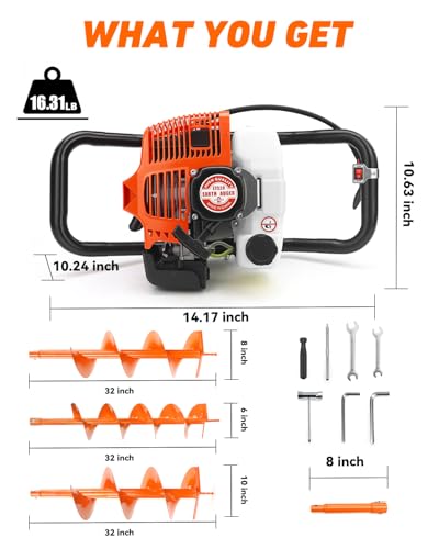 NEO-TEC 63CC Post Hole Digger Gas Powered Auger w/ 6" 8" 10" Bits & 3 Ext - size: 63CC+6"+8"+10"+3 Extension