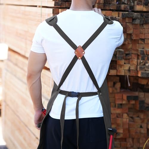 Tosewever Work Aprons for Men with Large Pockets, Canvas Cross Back Heavy Duty Adjustable Tool Aprons for Chef Cooking BBQ - color: Grey