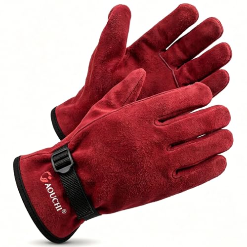 Kids Leather Work Gloves Age 2-15, Extra Soft Deerskin Suede (Red, 10-15Y) - color: Red 1 Pair, size: Large (10-15 Years Old)
