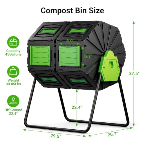 Compost Tumbler, Easy Assemble & Efficient Outdoor Compost Bin, 45 Gallon/170 Liter Large Dual Chamber Rotating Composter for Garden, Kitchen, and Yard Waste, Green Door - color: Green
