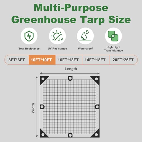 18 Mil Greenhouse Cover, 10x10 FT Clear Heavy Duty Chicken Coop Cover, UV Resistant Waterproof Greenhouse Tarp with Grommets for Garden, Farms, Nursery - size: Clear White 10FTx10FT