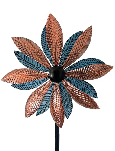 Copper & Blue Leaf 360° Metal Wind Spinners Outdoor, 57" H - color: Copper Leaf