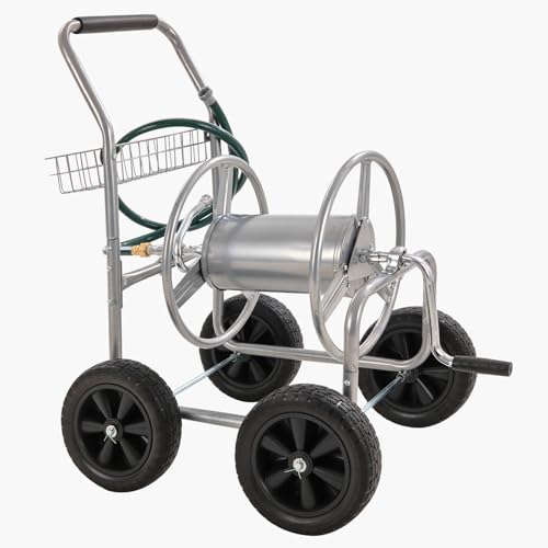 VEVOR Hose Reel Cart, Hold Up to 250 ft of 5/8’’ Hose, Garden Water Hose Carts Mobile Tools with 4 Wheels, Heavy Duty Powder-Coated Steel Outdoor Planting with Storage Basket, for Garden, Yard, Lawn - size: 250 ft