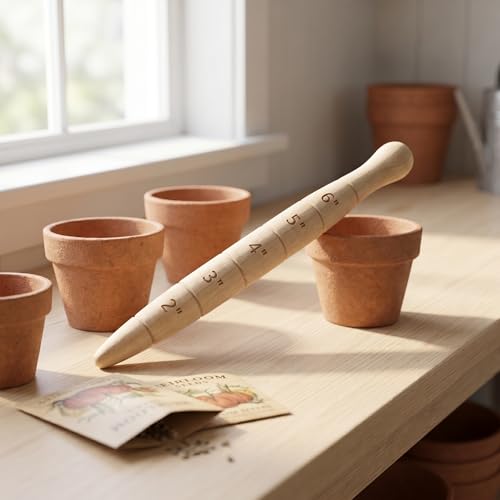 1 Pc Wooden Seed Dibber with Measurement, Handheld Ergonomic Round Handle Seed Planter Tool, Tapered Gauge for Gardening Bulb Planting