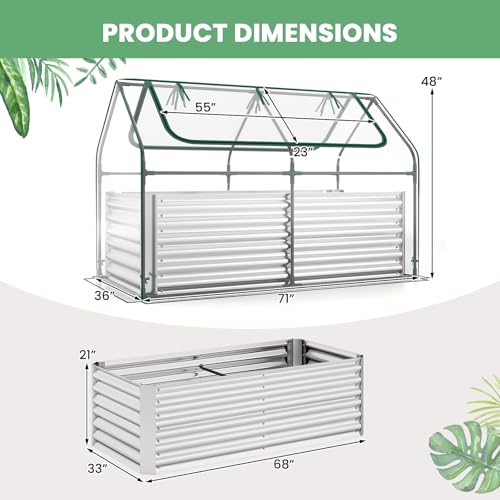 HAPPYGRILL Galvanized Raised Garden Bed with Cover & 2 Roll-up Windows - color: Silver, size: 71” x 36” x 48”