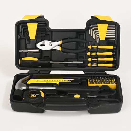 58-Piece Household Tool Set, Yellow Hand Kit with Plastic Toolbox - color: Yellow, size: 58-Piece