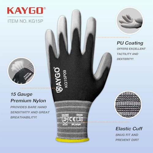 KAYGO Ultra Thin PU Coated Work Gloves, Nylon Knit, KG15P, 12 Pairs - color: Gray, size: X-Large