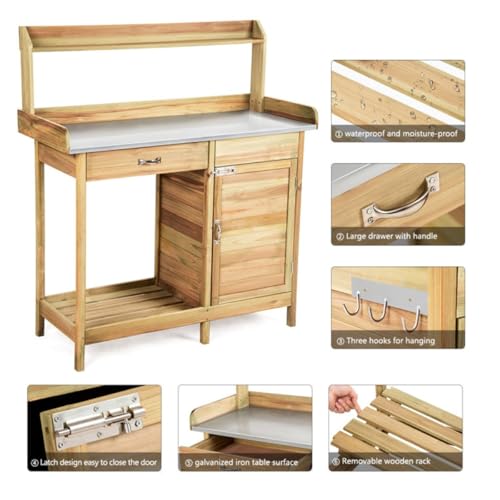 44-Inch Wooden Potting Bench with Galvanized Metal Tabletop, Garden Workbench with Storage Cabinet, Drawer, Hooks, Waterproof Surface for Greenhouse, Patio