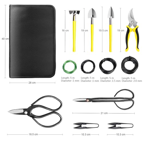 MOSFiATA Bonsai Tools Set 13Pcs, Bonsai Essentials with PU Leather Bag, High Carbon Steel Succulent Trimming Kit, for Pruning, Raking, Training Plants, Ideal Gardening Gifts - size: Bonsai Tools 13Pcs
