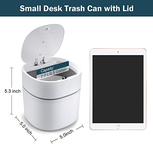 Mini Desk Trash Can with Pop-Up Lid Includes 180 Bags 0.5 Gallon, White - color: White