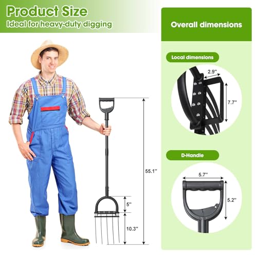 Broadfork Garden Tool, 55IN Pitch Fork for Gardening 5-Tine Heavy Duty Garden Fork with Ergonomic D-Grip Handle for Digging Loosening Soil Cultivating Weeding Composting - size: 55 IN Large