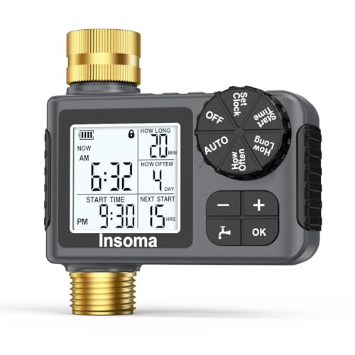 Water Timer for Garden Hose with Brass Inlet & Outlet, 1 Outlet Sprinkler Timer with Auto/Manual/Rain Delay Mode, Large LCD Display, Easy Programming Hose Timers for Lawn Garden Yard Vacation Watering - color: Gray