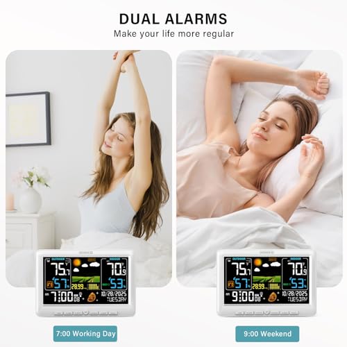 BluSon Weather Station Wireless Indoor Outdoor Thermometer, Atomic Clock - color: White